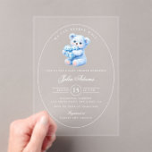 Blue Gingham Teddy Bear Neutral Baby Shower Acryl Uitnodigingen (Insitu (Draagbaar))