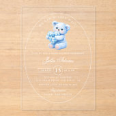 Blue Gingham Teddy Bear Neutral Baby Shower Acryl Uitnodigingen (Voorkant)