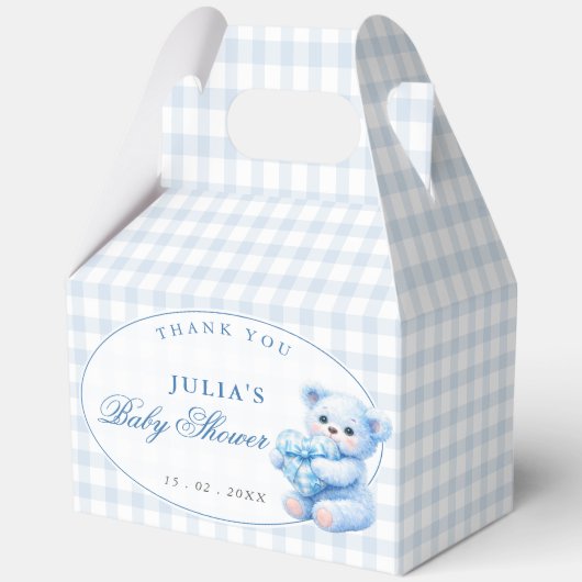 Blue Gingham Teddy Bear Neutral Baby Shower Bedankdoosjes (Voorkant)