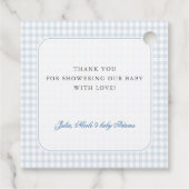 Blue Gingham Teddy Bear Neutral Baby Shower Bedankjes Labels (Achterkant)