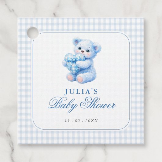 Blue Gingham Teddy Bear Neutral Baby Shower Bedankjes Labels (Voorkant)