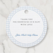 Blue Gingham Teddy Bear Neutral Baby Shower Bedankjes Labels (Achterkant)