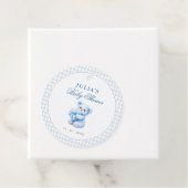 Blue Gingham Teddy Bear Neutral Baby Shower Bedankjes Labels (In situ)