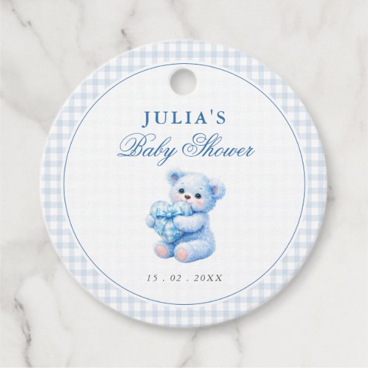 Blue Gingham Teddy Bear Neutral Baby Shower Bedankjes Labels (Voorkant)