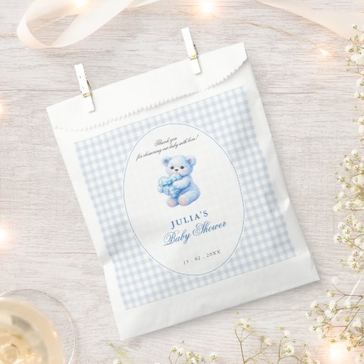 Blue Gingham Teddy Bear Neutral Baby Shower Bedankzakje (Geknipt)