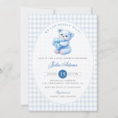 Blue Gingham Teddy Bear Neutral Baby Shower Kaart (Voorkant)