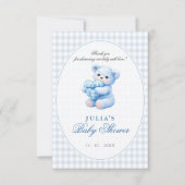 Blue Gingham Teddy Bear Neutral Baby Shower Kaart (Voorkant)