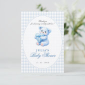 Blue Gingham Teddy Bear Neutral Baby Shower Kaart (Staand voorkant)