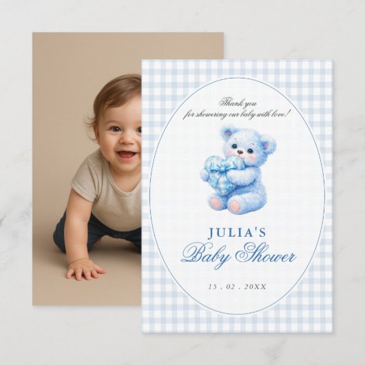 Blue Gingham Teddy Bear Neutral Baby Shower Kaart (Voorkant / Achterkant)