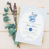 Blue Gingham Teddy Bear Neutral Baby Shower Kaart