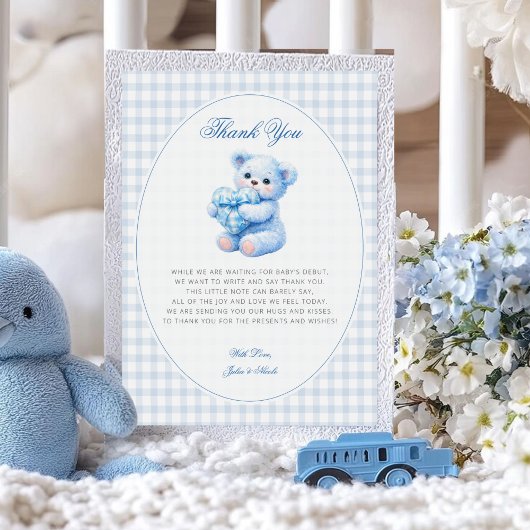 Blue Gingham Teddy Bear Neutral Baby Shower Kaart
