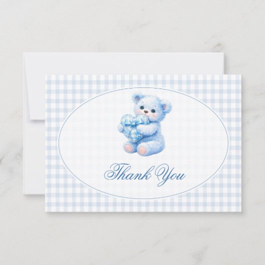 Blue Gingham Teddy Bear Neutral Baby Shower Kaart (Voorkant)