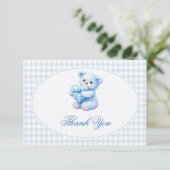 Blue Gingham Teddy Bear Neutral Baby Shower Kaart (Staand voorkant)