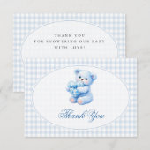 Blue Gingham Teddy Bear Neutral Baby Shower Kaart (Voorkant / Achterkant)