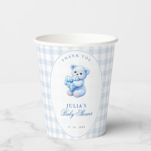Blue Gingham Teddy Bear Neutral Baby Shower Papieren Bekers (Achterkant)