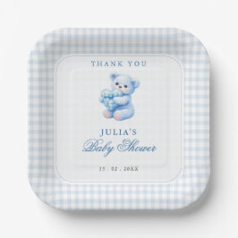 Blue Gingham Teddy Bear Neutral Baby Shower Papieren Bordje