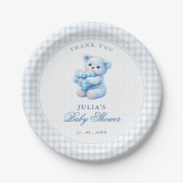 Blue Gingham Teddy Bear Neutral Baby Shower Papieren Bordje