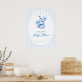 Blue Gingham Teddy Bear Neutral Baby Shower Poster (Keuken)