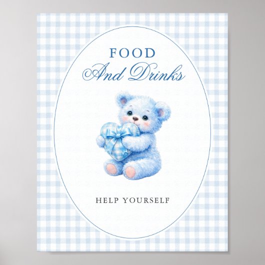BLUE GINGHAM TEDDY BEAR NEUTRAL BABY SHOWER POSTER (Voorkant)
