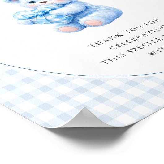 Blue Gingham Teddy Bear Neutral Baby Shower Poster (Hoek)