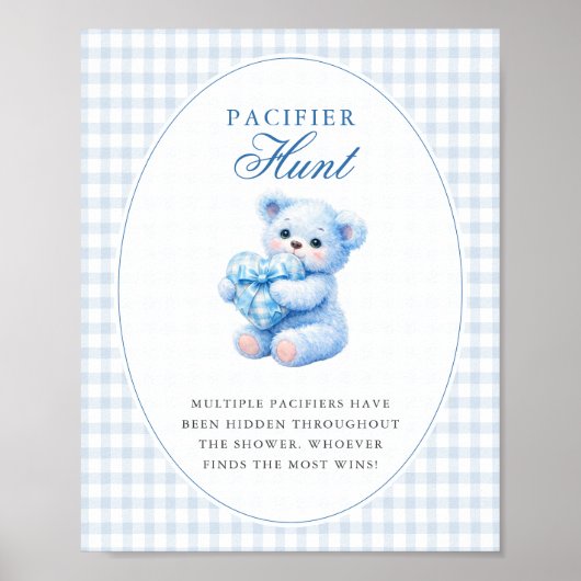 Blue Gingham Teddy Bear Neutral Baby Shower Poster (Voorkant)