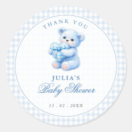 Blue Gingham Teddy Bear Neutral Baby Shower Ronde Sticker