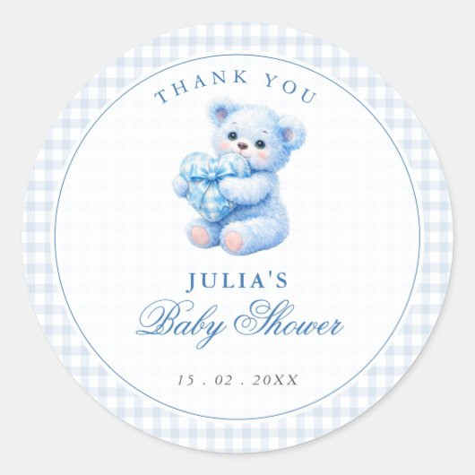 Blue Gingham Teddy Bear Neutral Baby Shower Ronde Sticker (Voorkant)
