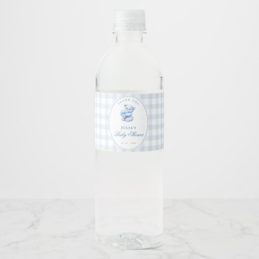 Blue Gingham Teddy Bear Neutral Baby Shower Waterfles Etiket (Voorkant)