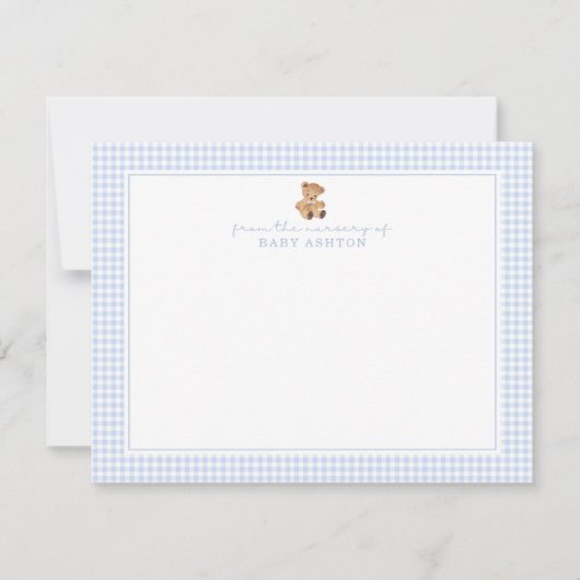 Blue Gingham Teddy Bear Nursery Note Card Aankondiging (Voorkant)