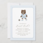 Blue Gingham Teddy Bear Soccer First Kick Kaart (Voorkant)
