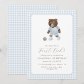 Blue Gingham Teddy Bear Soccer First Kick Kaart (Voorkant / Achterkant)