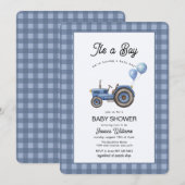 Blue Gingham Tractor Balloon Baby Shower  Kaart (Voorkant / Achterkant)