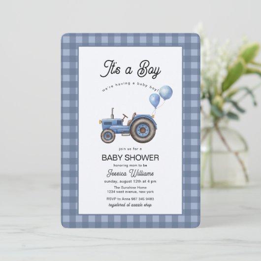 Blue Gingham Tractor Balloon Baby Shower  Kaart (Staand voorkant)