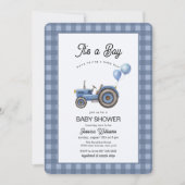 Blue Gingham Tractor Balloon Baby Shower  Kaart (Voorkant)