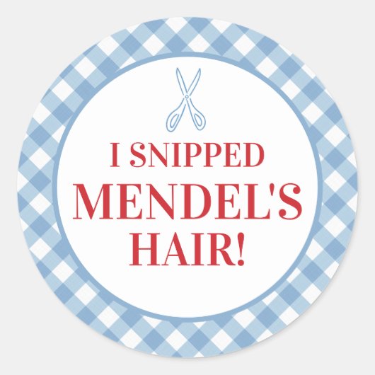 Blue Gingham Upsherin "Ik heb zijn haar gesneden!" Ronde Sticker (Voorkant)