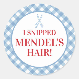 Blue Gingham Upsherin "Ik heb zijn haar gesneden!" Ronde Sticker