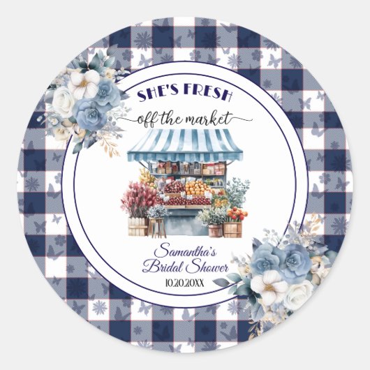 Blue Gingham van de markt Floral Vrijgezellenfeest Ronde Sticker (Voorkant)