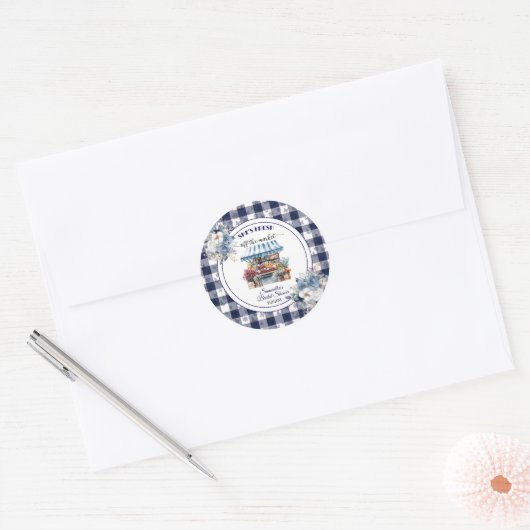 Blue Gingham van de markt Floral Vrijgezellenfeest Ronde Sticker (Envelop)
