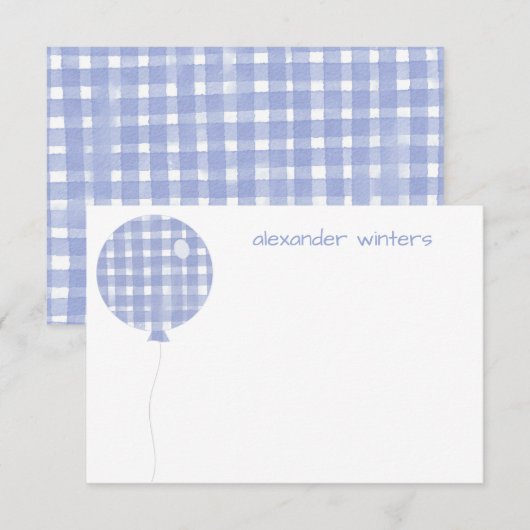 Blue Gingham Waterverf Ballon Note Cards Bedankkaart (Voorkant / Achterkant)