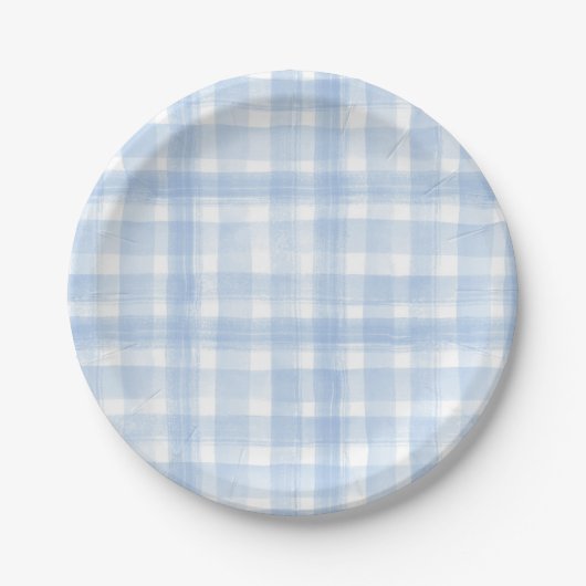 Blue Gingham Waterverf Paper Borden Papieren Bordje (Voorkant)