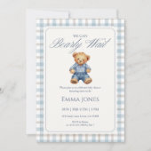 Blue Gingham We Can Bearly Wait baby shower Kaart (Voorkant)