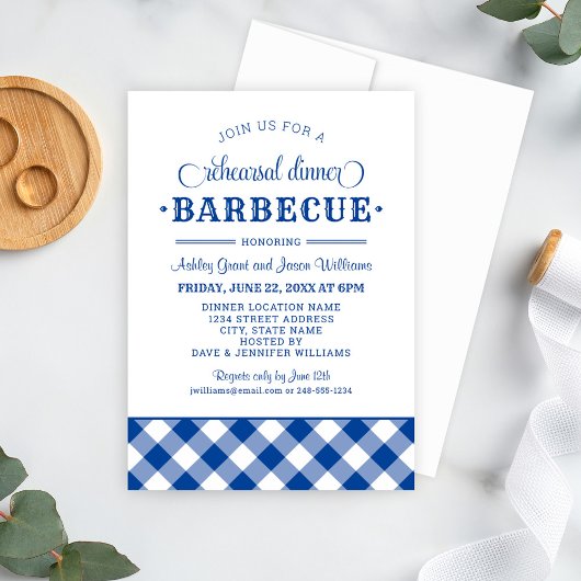 Blue Gingham Wedding Rehearsal Dinner Barbecue Kaart