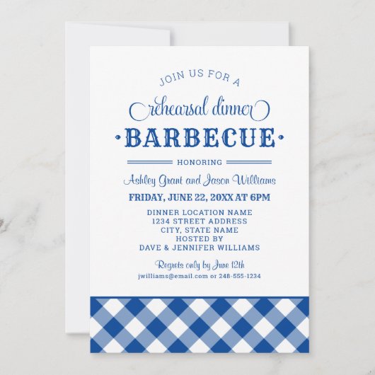 Blue Gingham Wedding Rehearsal Dinner Barbecue Kaart (Voorkant)