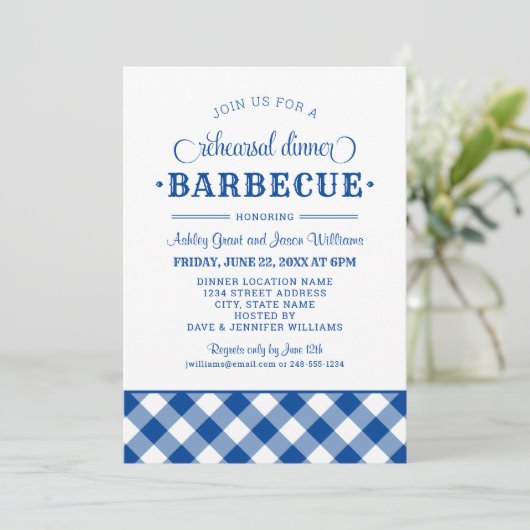 Blue Gingham Wedding Rehearsal Dinner Barbecue Kaart (Staand voorkant)