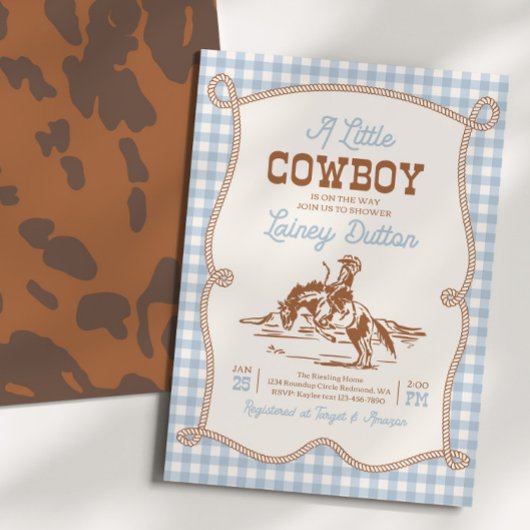 Blue Gingham Western Baby Shower Invitation Kaart