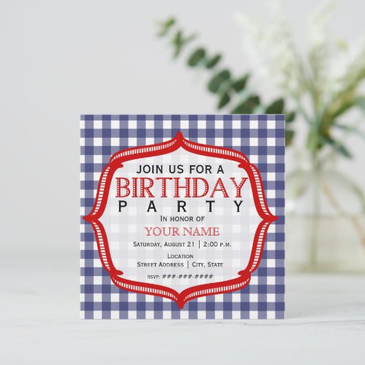 Blue Gingham with Red - Birthday Party Invitation Kaart (Staand voorkant)