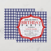 Blue Gingham with Red - Birthday Party Invitation Kaart (Voorkant / Achterkant)