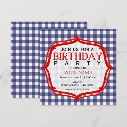 Blue Gingham with Red - Birthday Party Invitation Kaart (Voorkant / Achterkant)