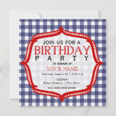 Blue Gingham with Red - Birthday Party Invitation Kaart (Voorkant)