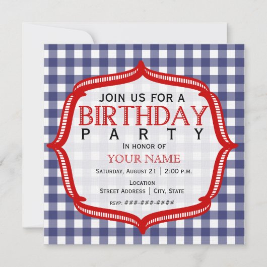 Blue Gingham with Red - Birthday Party Invitation Kaart (Voorkant)